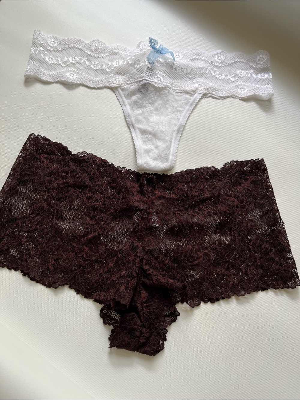 Calvin Klein White Lace Thong & Dark Brown Lace Boyshort Set